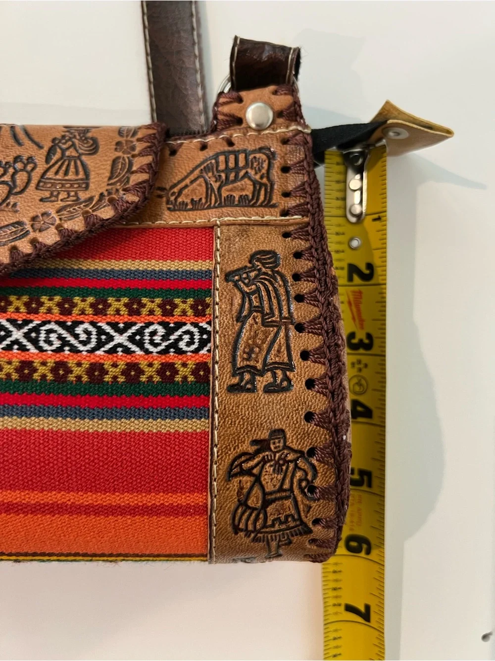 New Hand Made Peruvian Leather Small Cross Body Purse Hand Tooled Tribal Design